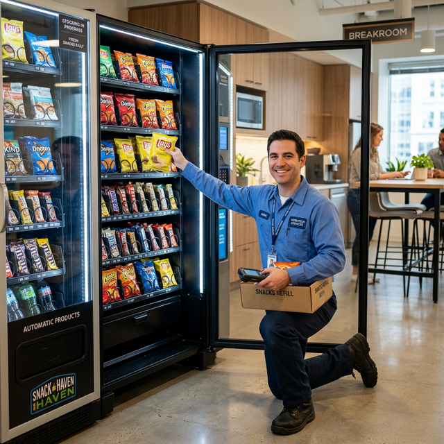A professional vending machine technician restocking fresh products